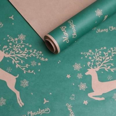 Бумага упаковочная новогодняя крафт 70 см*10 м Олени бегущие зеленый 70 г/м2