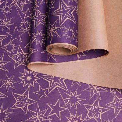 Бумага упаковочная новогодняя крафт 70 см*10 м Звездный микс фиолетовый 70 г/м2