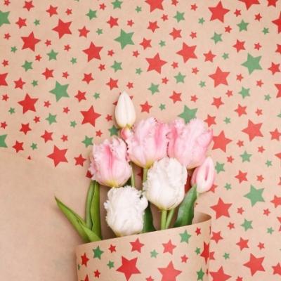 Бумага упаковочная новогодняя крафт 70 см*10 м Звезды зеленый/ягодный пунш 70 г/м2