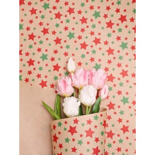 Бумага упаковочная новогодняя крафт 70 см*10 м Звезды зеленый/ягодный пунш 70 г/м2