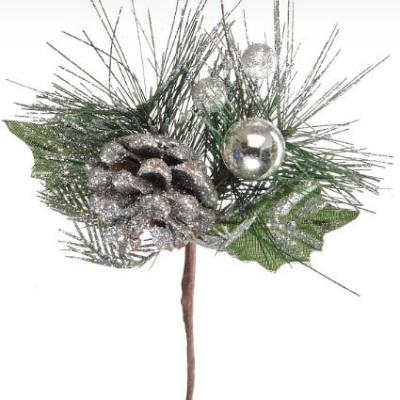 Декоративная новогодняя ветка с шишкой и шариком 20 см Серебряный 50144
