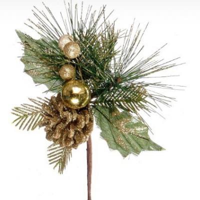 Декоративная новогодняя ветка с шишкой и шариком 20 см Золотой 50143