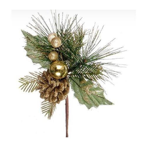 Декоративная новогодняя ветка с шишкой и шариком 20 см Золотой 50143