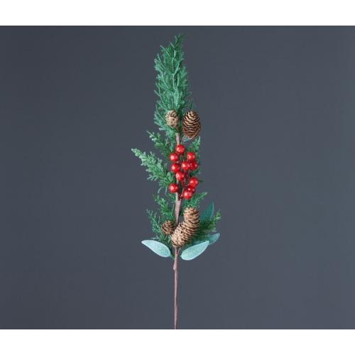 Декоративная ветка с красными ягодами и шишками 71 см 50138