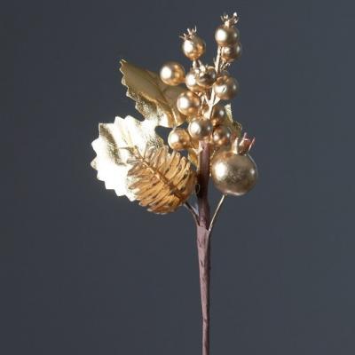 Декоративная ветка с ягодами, листьями и шишкой 23 см золотой 50140