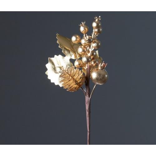 Декоративная ветка с ягодами, листьями и шишкой 23 см золотой 50140