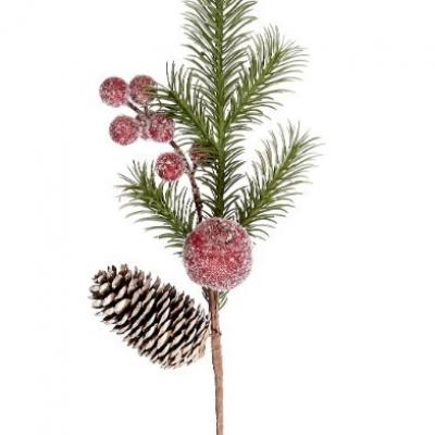 Еловая ветка с заснеженными красными ягодами, яблоком и шишкой 38 см 50145