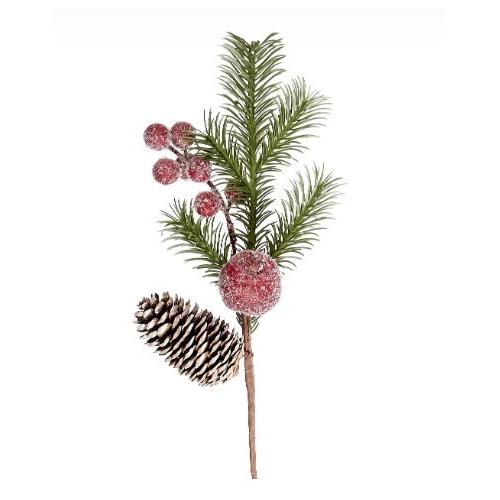 Еловая ветка с заснеженными красными ягодами, яблоком и шишкой 38 см 50145