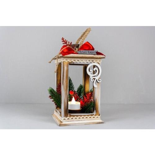 Фонарь с новогодней композицией, со свечой 11*11*20 см Дерево обжиг/красный 15424
