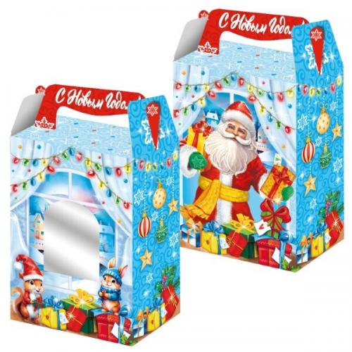 Коробка картонная для сладких подарков 14*8*19.5 см Дед Мороз с окном 1 кг