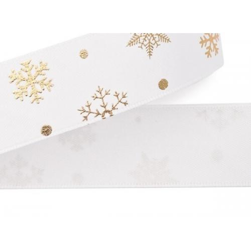 Лента атласная 2.5 см 20 ярд Снежинки белый/золото 171696