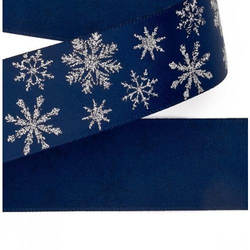 Лента атласная 2.5 см 20 ярд Снежинки темно-синий 171699