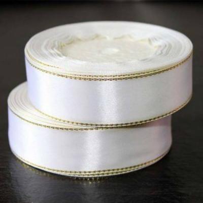 Лента атласная сатин 2.5 см*25 Y Белый с золотой полосой 534412