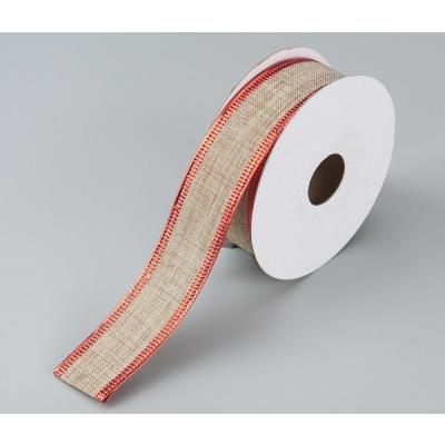 Лента новогодняя декоративная 2.5*10 ярд Натуральный/красный 50150