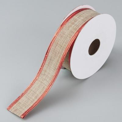 Лента новогодняя декоративная 2.5*10 ярд Натуральный/красный 50150