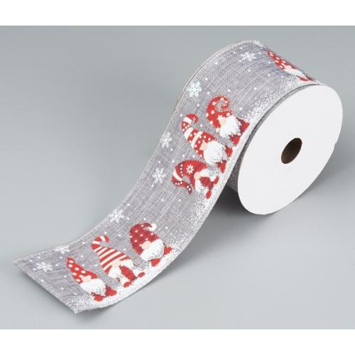 Лента новогодняя декоративная Гномы 6.3*10 ярд Серый/красный 50154