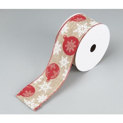 Лента новогодняя декоративная Праздничный уют 6.3*10 ярд Натуральный/белый/красный 50156
