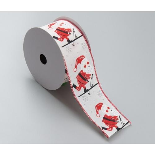 Лента новогодняя декоративная Санта Клаус на лыжах 6.3*10 ярд Белый/красный 50159