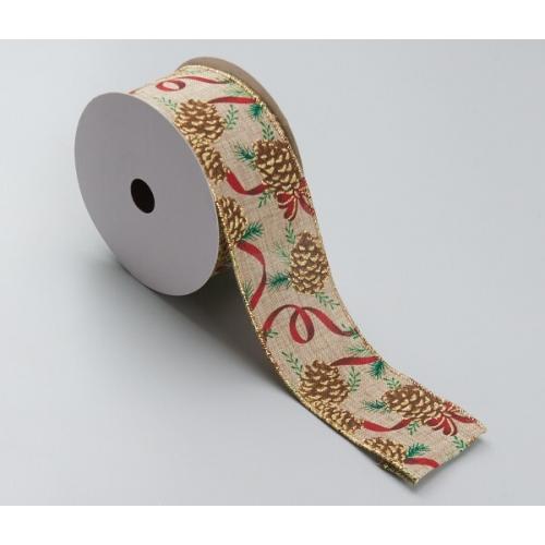Лента новогодняя декоративная Шишки на веточке 6.3*10 ярд Натуральный/зеленый/красный 50167