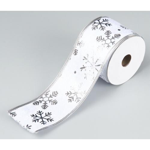 Лента новогодняя декоративная Снежинки 6.3*10 ярд Белый/серебро 50160