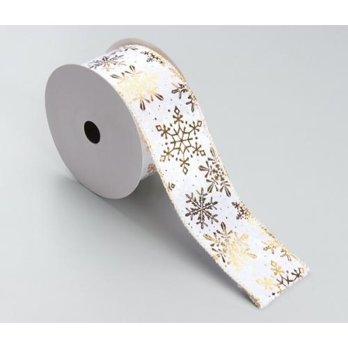 Лента новогодняя декоративная Снежинки 6.3*10 ярд Белый/золото 50158
