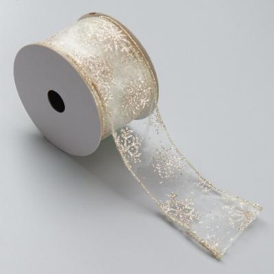 Лента новогодняя декоративная Снежинки 6.3*10 ярд Шампань/серебро 50165