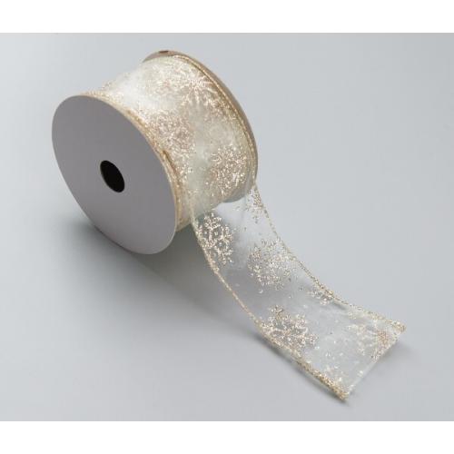 Лента новогодняя декоративная Снежинки 6.3*10 ярд Шампань/серебро 50165
