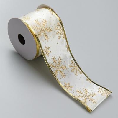 Лента новогодняя декоративная Снежинки 6.3*10 ярд Шампань/золото 50164