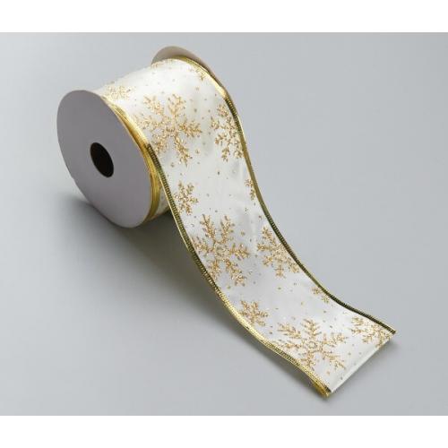 Лента новогодняя декоративная Снежинки 6.3*10 ярд Шампань/золото 50164