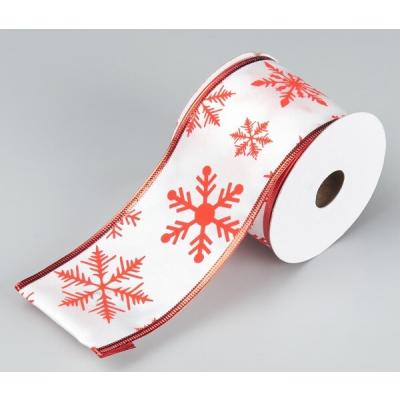 Лента новогодняя декоративная со снежинками 6.3*10 ярд Белый/красный 50166