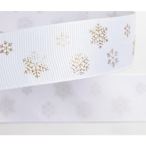 Лента репсовая 2.5 см 20 ярд Снежинки белый/золотой 171691