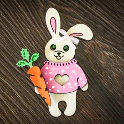 Магнит Фанера Зайка с морковкой 8*11 см Розовый 153661