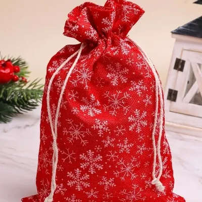 Мешок холщовый 20*30 см Снежинки белые красный 621903