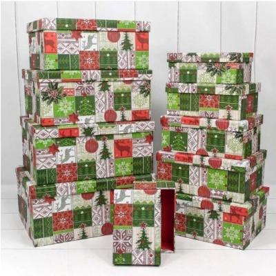 Набор новогодних подарочных коробок 10 в 1 прямоугольник 34*26*15.3 см Новогодние узоры 442008