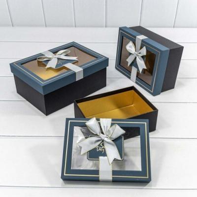 Набор подарочных коробок 3 в 1 прямоугольник 22.5*16*9.5 см С окошком и бантом синий/черный 447408