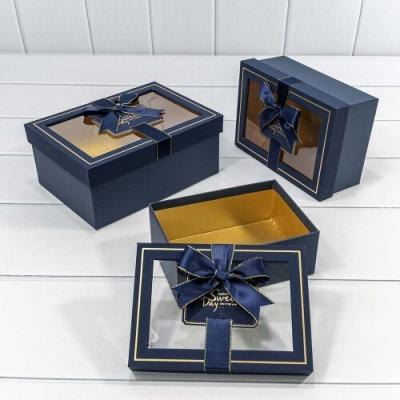Набор подарочных коробок 3 в 1 прямоугольник 22.5*16*9.5 см С окошком и бантом темно-синий