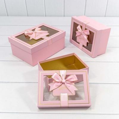 Набор подарочных коробок 3 в 1 прямоугольник 22.5*16*9.5 см С окошком и бантом розовый 447587