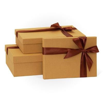 Набор подарочных коробок 3 в 1 прямоугольник 29*19*8 см С бантом тиснение Рогожка песочно-бежевый/шоколадный 540657