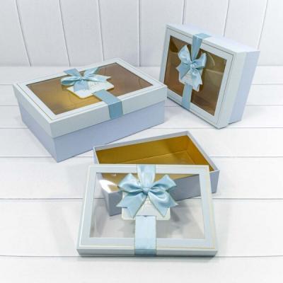 Набор подарочных коробок 3 в 1 прямоугольник 33.5*25*11.5 см С окошком и бантом голубой 447095