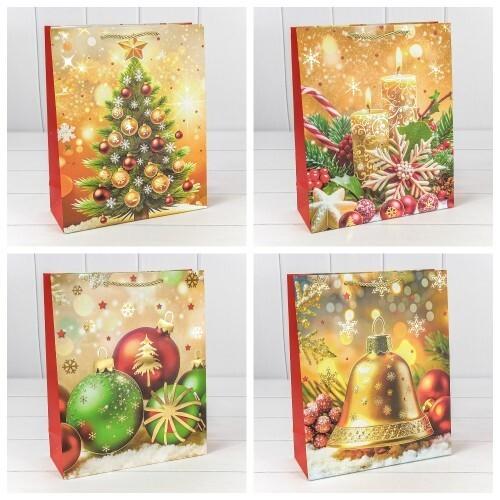 Пакет подарочный новогодний бумажный 26х32х10 см Новый год (микс) 445727