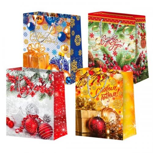Пакет подарочный новогодний бумажный 26х32х13 см Новый год (микс) 60007