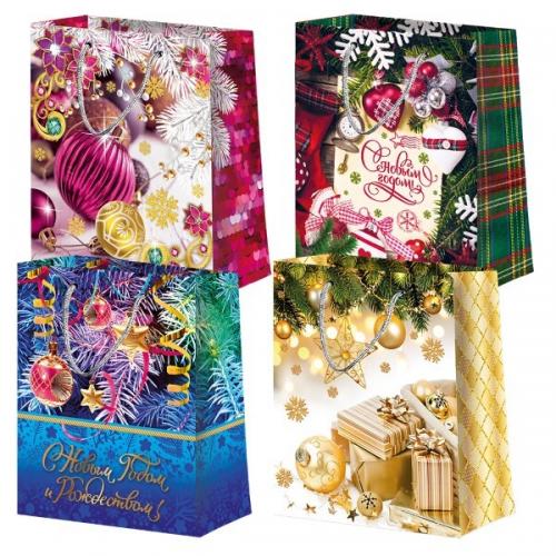 Пакет подарочный новогодний бумажный 26х32х13 см Новый год (микс) 60008