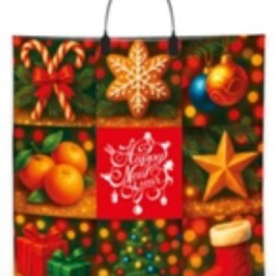 Пакет подарочный новогодний полиэтиленовый с пластиковой ручкой 36х34 см 80 мкм Новогодний коллаж 10 шт