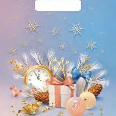 Пакет подарочный новогодний полиэтиленовый с прорубной ручкой 23*30 см 30 мкм Часы с подарками 100 шт