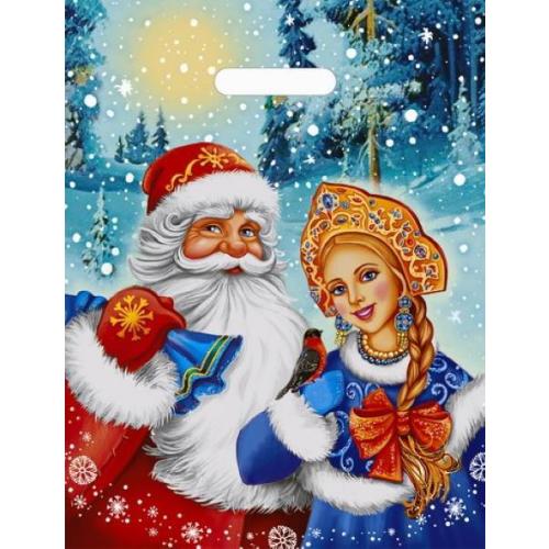 Пакет подарочный новогодний полиэтиленовый с прорубной ручкой 31х40 см 60 мкм Дед Мороз и Снегурочка 50 шт
