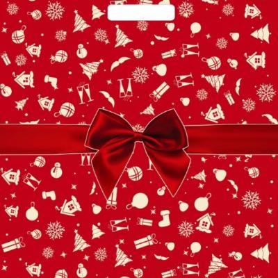 Пакет подарочный новогодний полиэтиленовый с прорубной ручкой 38*45 см 60 мкм Красный бантик 50 шт