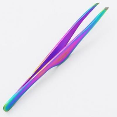 Пинцет для бровей 251-G808з (ручная заточка) радужный, наклонное окончание