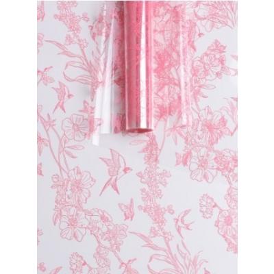 Пленка упаковочная прозрачная с рисунком для цветов и подарков в рулоне Ласточки 60 см Розовый туманный 621924