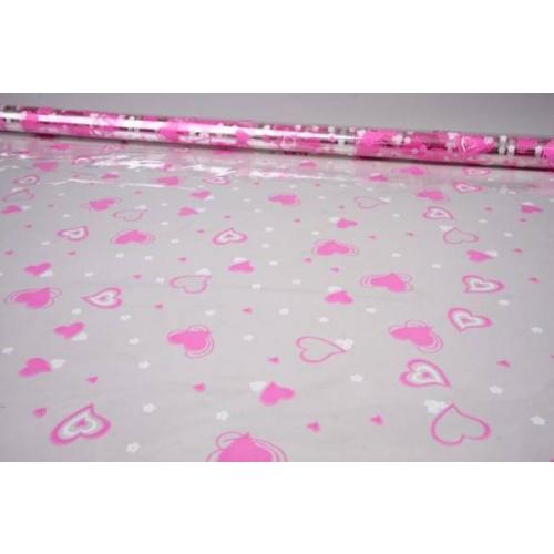 Пленка упаковочная прозрачная с рисунком для цветов и подарков в рулоне Валентин 70 см Розово-белый