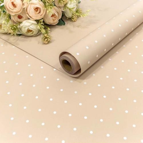 Плёнка флористическая матовая в рулоне 58 см*10 м Мелкий горошек бежево-серый 442520